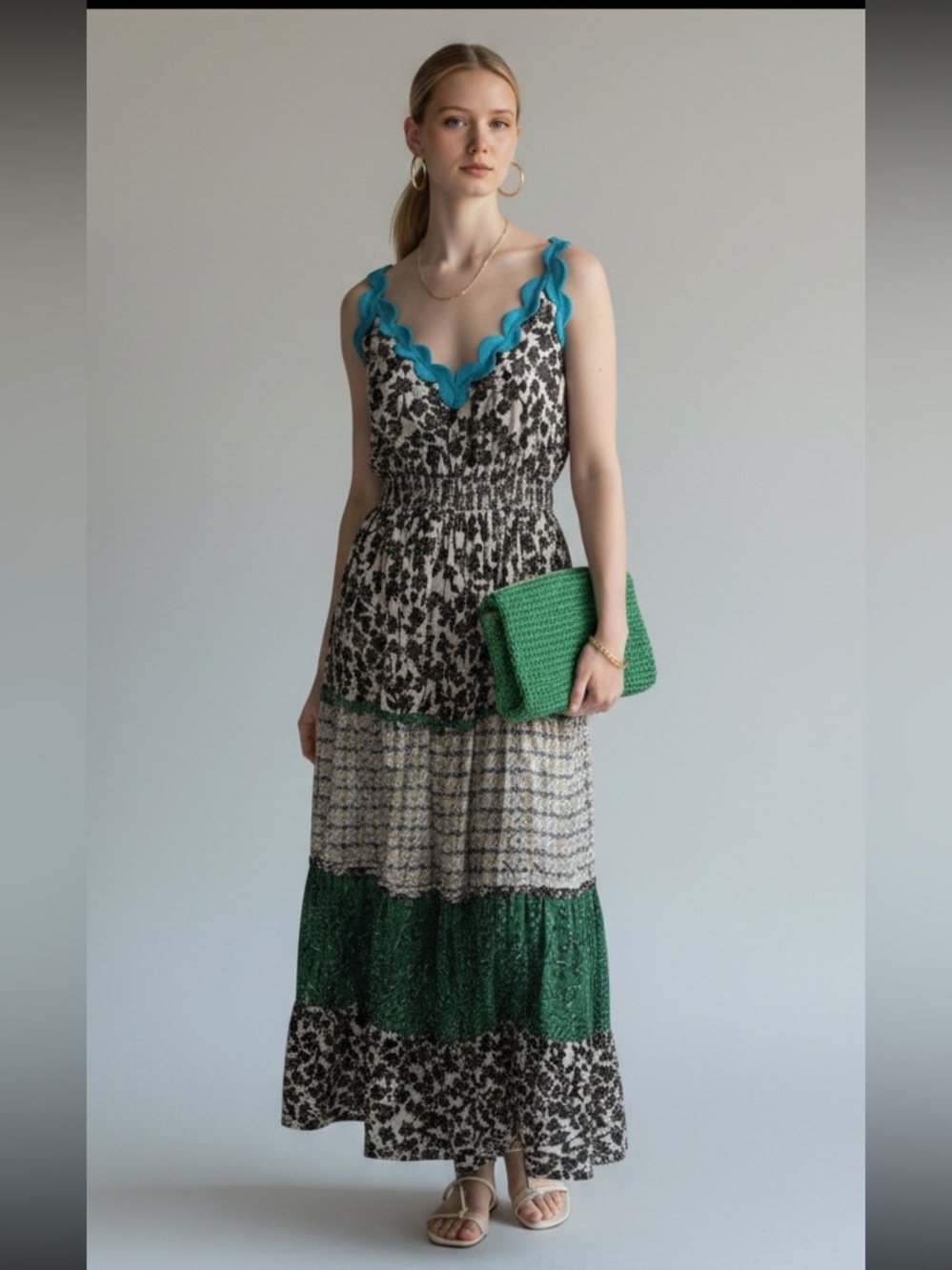 MELLODAY Floral Maxi Dress with Blue Trim